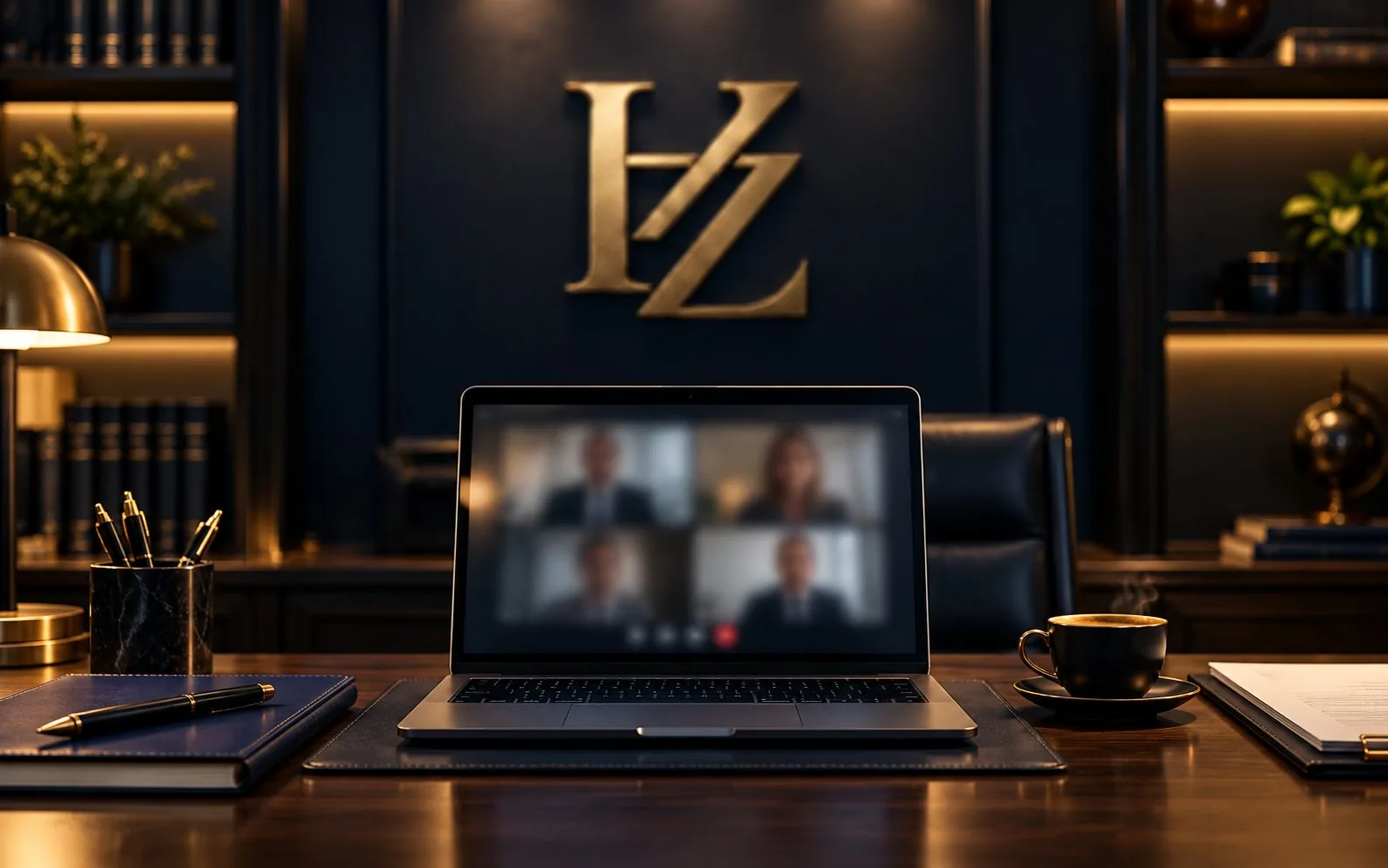 Mesa de advogado com notebook em chamada de vídeo para atendimento jurídico online
