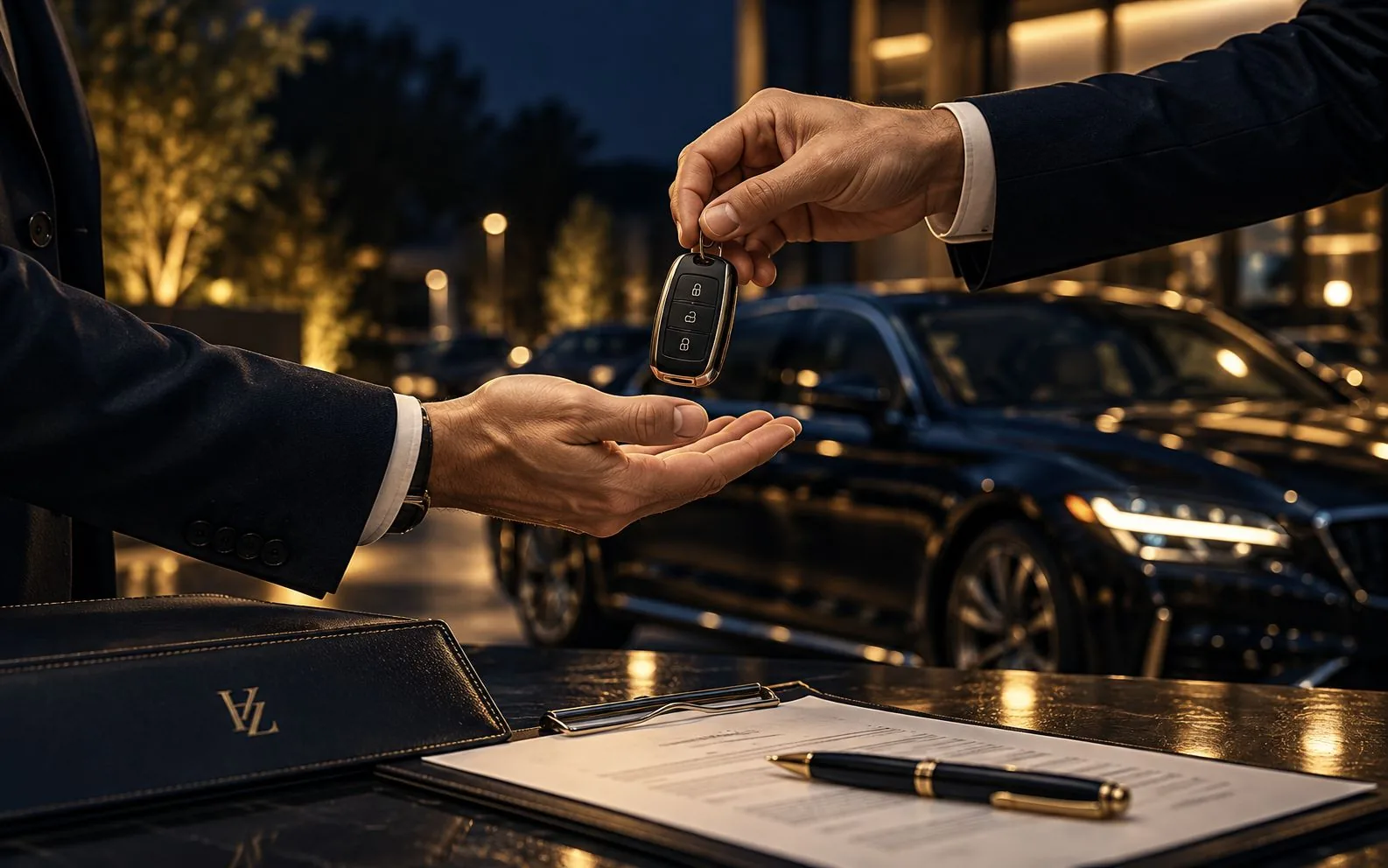 Entrega da chave de um carro ao comprador com contrato sobre a mesa – Compra de carro usado com defeito: direitos do comprador e da loja