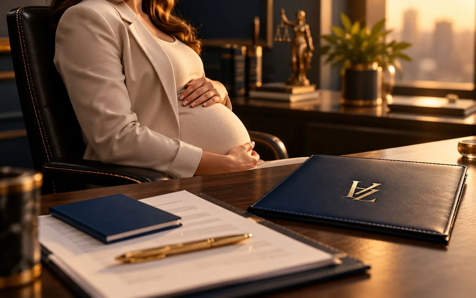 Gestante sentada em escritório com as mãos sobre a barriga e carteira de trabalho sobre a mesa – Estabilidade da gestante: demissão grávida e direitos
