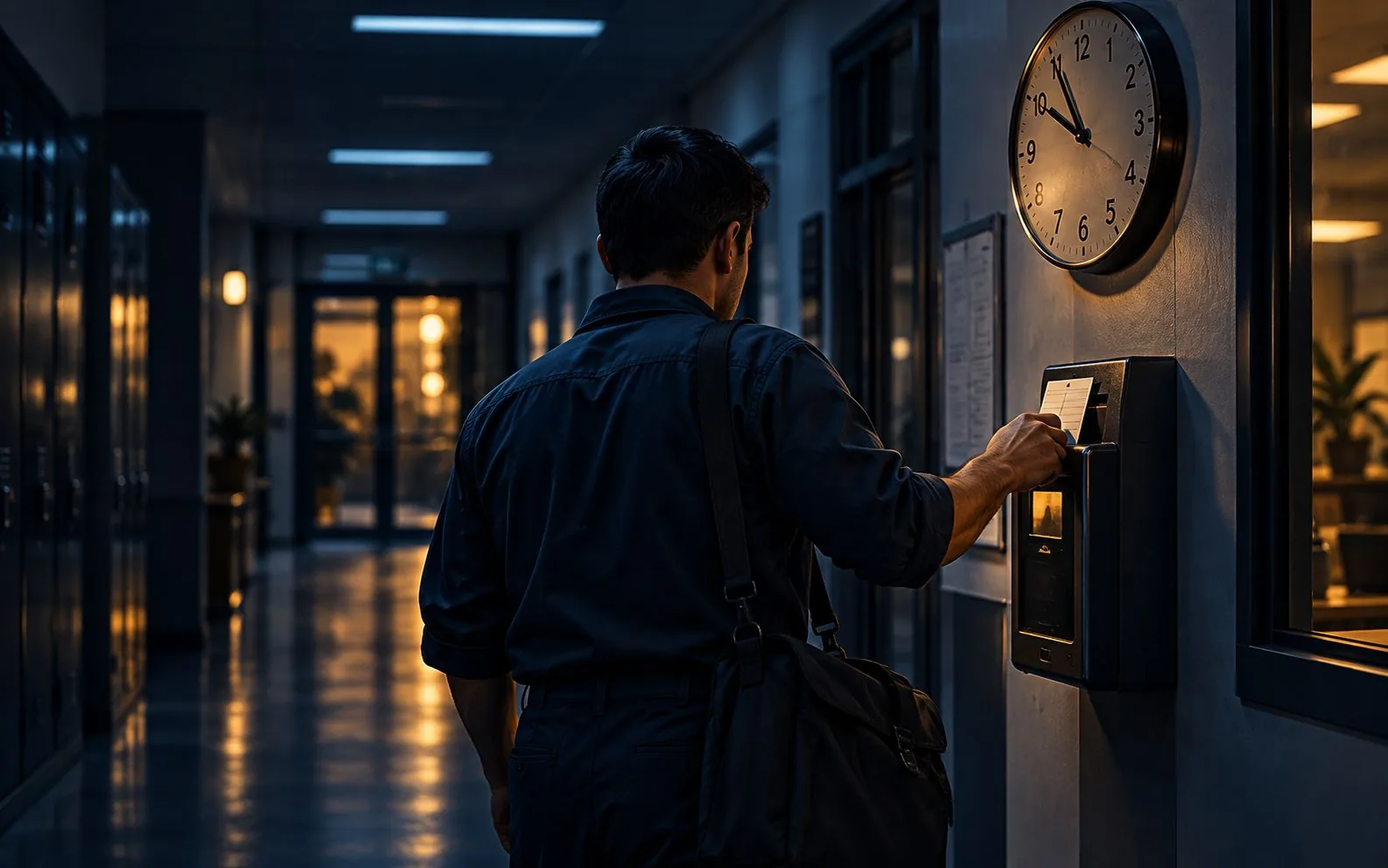 Trabalhador batendo o ponto à noite em corredor de empresa, representando horas extras não pagas – Horas extras não pagas e trabalho sem carteira assinada